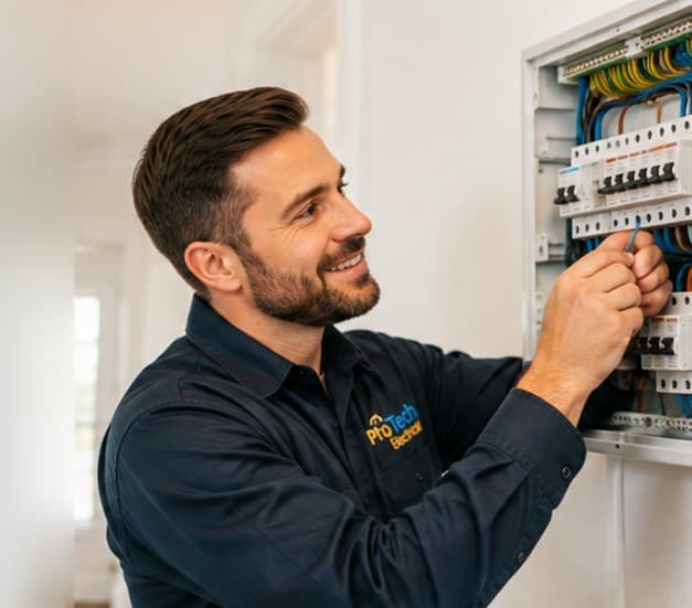 Electrician working on the wiring of a consumer unit